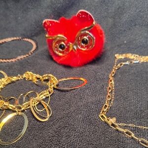 Chic Gold Tone Layered Necklace Bracelet Set‎ Owl Brooch Pink Bead lot